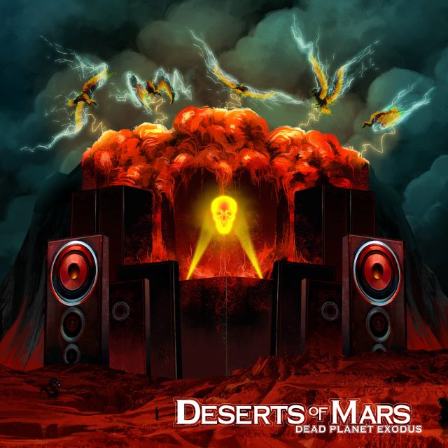 Dead Planet Exodus cover by Deserts of Mars. It depicts a Crimson Mountain with large speakers on either side and vultures emitting lightning. Art by Sana Freeman.